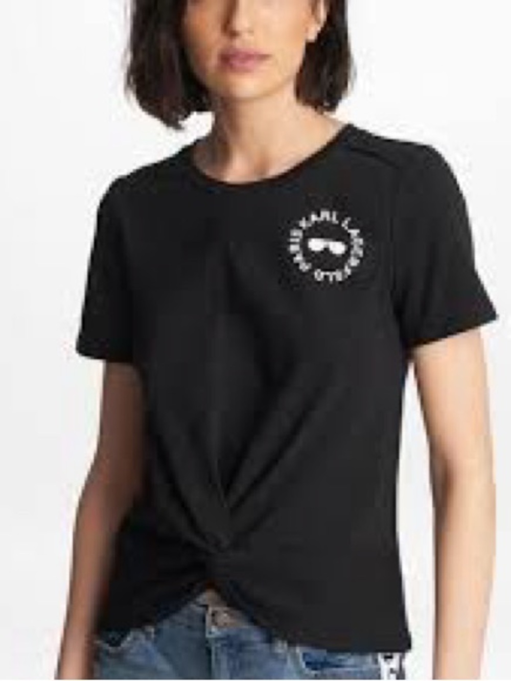 Karl Lagerfeld Black Short Sleeve Twist-Front Tee with White Logo